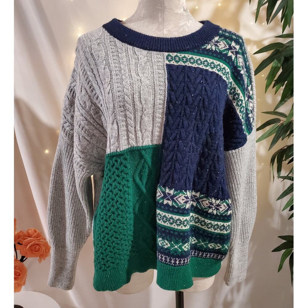 Lands End Womens Cable Knit Fair Isle Patchwork Wool Blend Dolman Sweater Size M